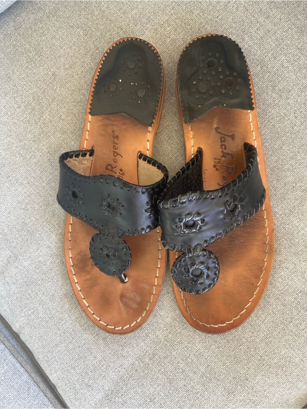 Jack Rogers Black and Tan Leather Whipstitch Slide Sandals